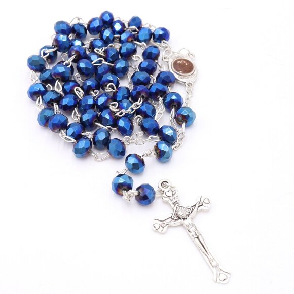 Deep Metallic Blue Crystal Rosary Necklace Jesus Cross Religious Jewelry NWOT - Picture 13 of 13